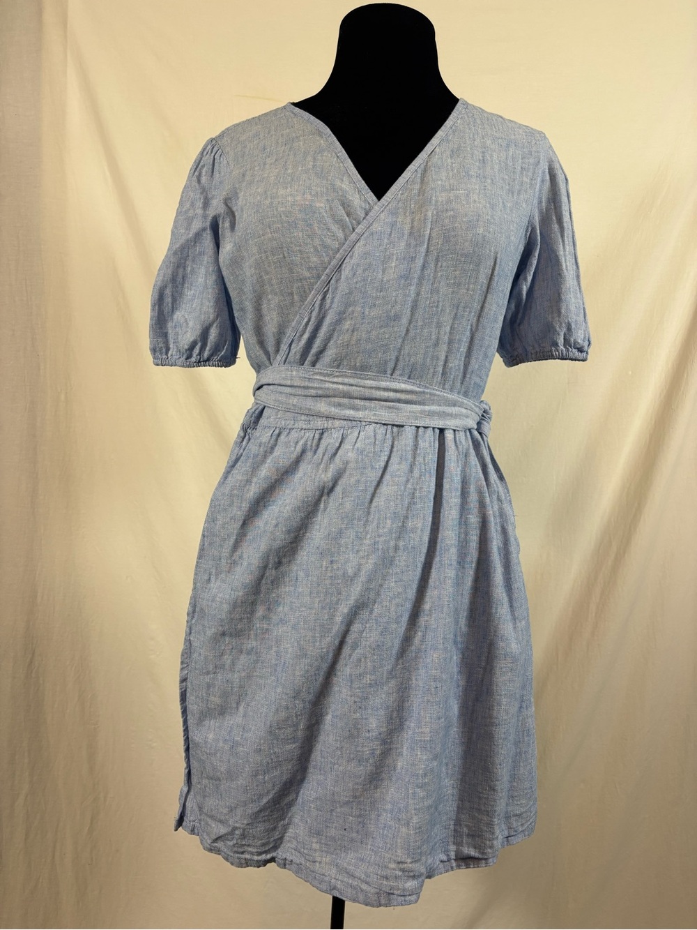 Silver Jeans Co Linen Cotton Wrap Dress Blue Puff Sleeve Coastal Cottagecore S